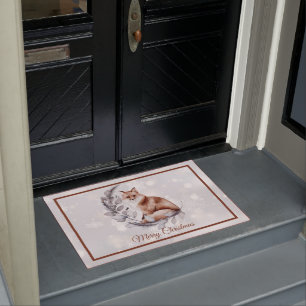 Watercolor fox and snow holiday doormat