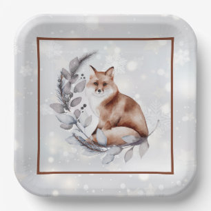 Watercolor fox and snow holiday paper plate