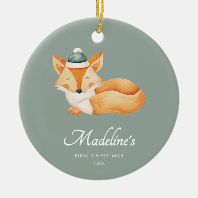 Watercolor Fox Baby First Christmas Green Ceramic Ornament (Front)