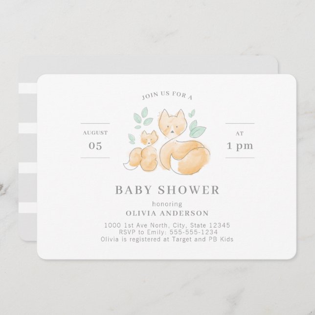 Watercolor Fox Baby Shower Invitation (Front/Back)