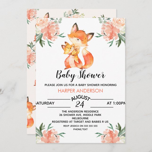 Watercolor Fox Baby Shower Invitation (Front/Back)