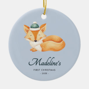 Watercolor Fox Blue Baby First Christmas Ceramic Ornament