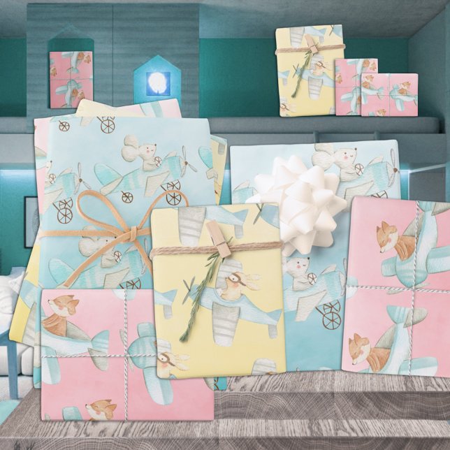 Watercolor Fox Bunny & Mouse Flying Aeroplanes Wrapping Paper Sheet (Creator Uploaded)