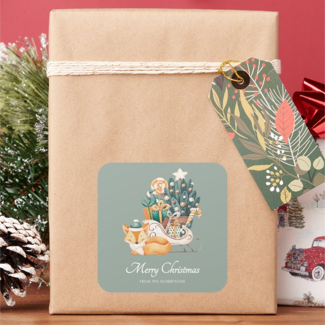 Watercolor Fox Christmas Sleighs Holiday Green Square Sticker (Holiday)
