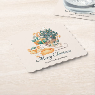 Watercolor Fox Christmas Sleighs Holiday Paper Coaster