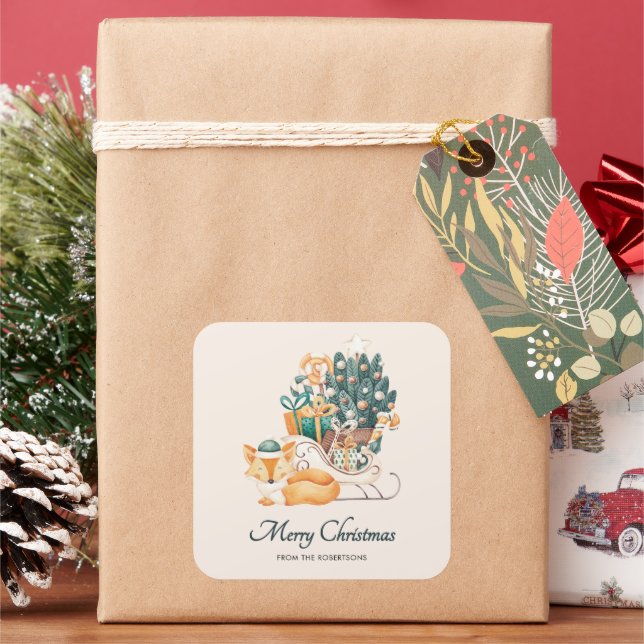 Watercolor Fox Christmas Sleighs Holiday Square Sticker (Holiday)