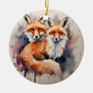Watercolor Fox Duo Ceramic Ornament