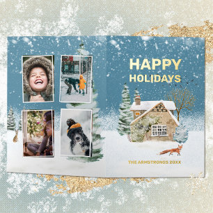 Watercolor Fox Farmhouse Winter Hare Foil Holiday Card