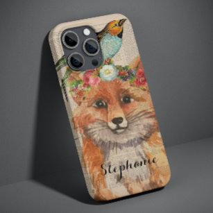 Watercolor Fox Floral Collage Personalised Name Case-Mate iPhone 14 Case