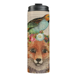 Watercolor Fox Floral Collage Personalised Name Thermal Tumbler