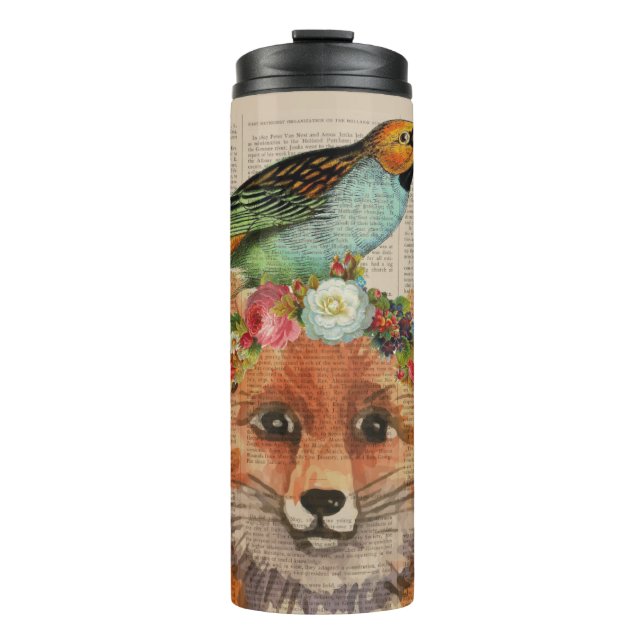 Watercolor Fox Floral Collage Personalised Name Thermal Tumbler (Front)