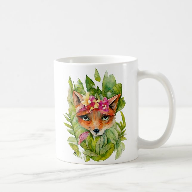 Watercolor Fox Flowers and Green Leaves Coffee Mug (Right)