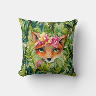 Watercolor Fox Flowers and Green Leaves Cushion