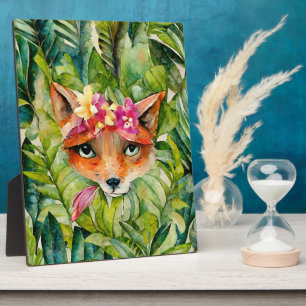Watercolor Fox Flowers and Green Leaves Plaque