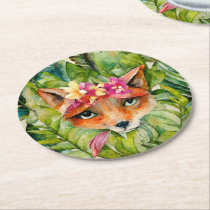 Watercolor Fox Flowers and Green Leaves Round Paper Coaster