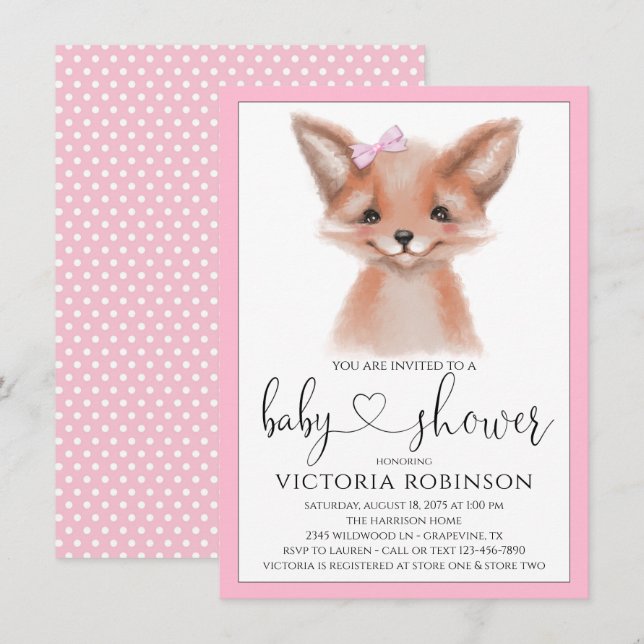 Watercolor Fox Girl Woodland Baby Shower Invitation (Front/Back)