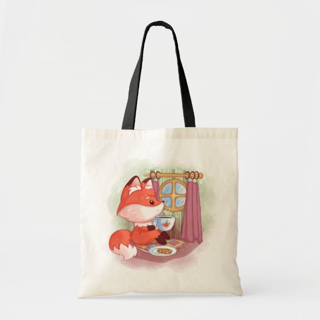 Watercolor Fox having Tea and Biscuits Tote Bag (Front)