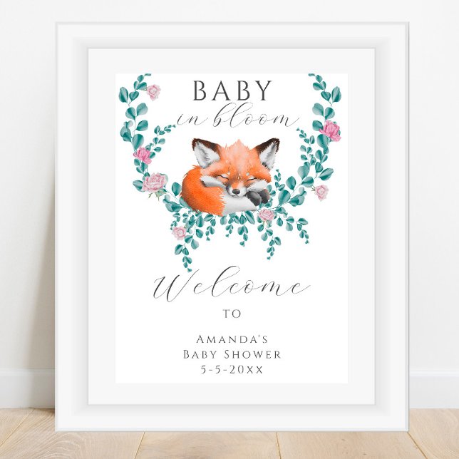 Watercolor fox in bloom welcome baby shower poster (Creator Uploaded)