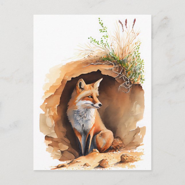 Watercolor Fox in Its Den Postcard (Front)