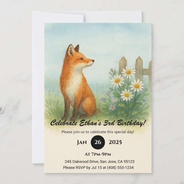 Watercolor Fox in Wildflower Meadow Birthday  Invitation (Front)
