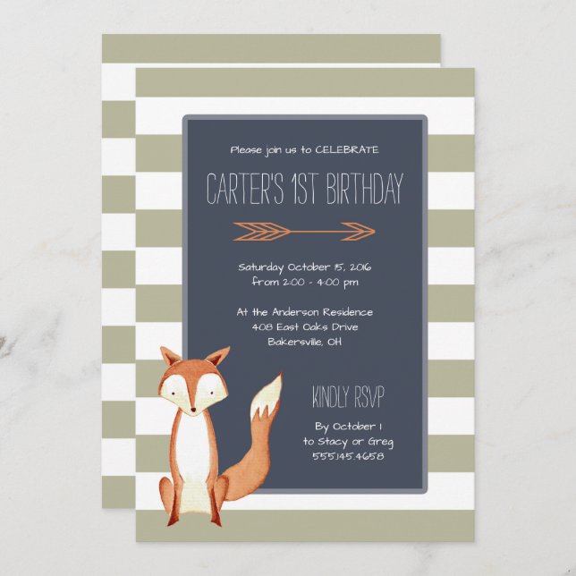 Watercolor Fox Navy Orange Stripes Birthday Invitation (Front/Back)