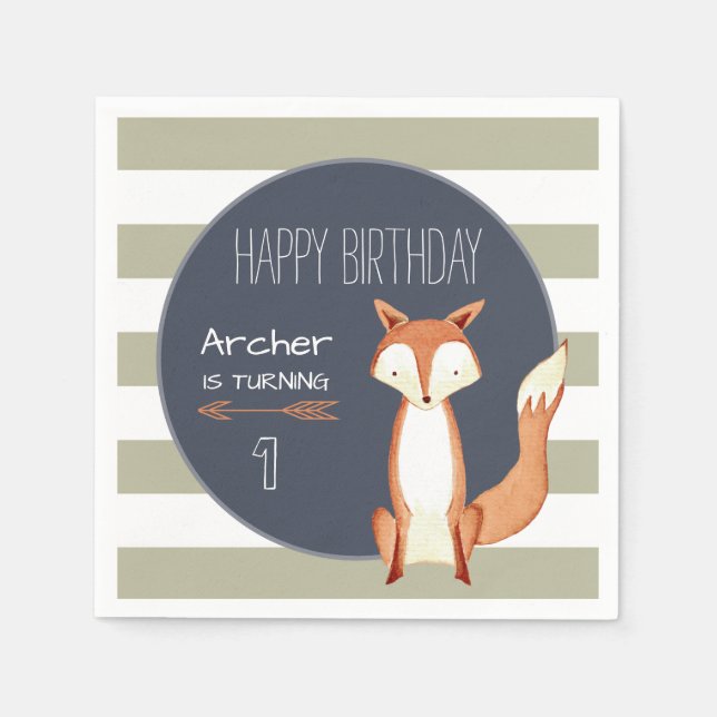 Watercolor Fox Navy Orange Woodland Birthday Napkin (Front)