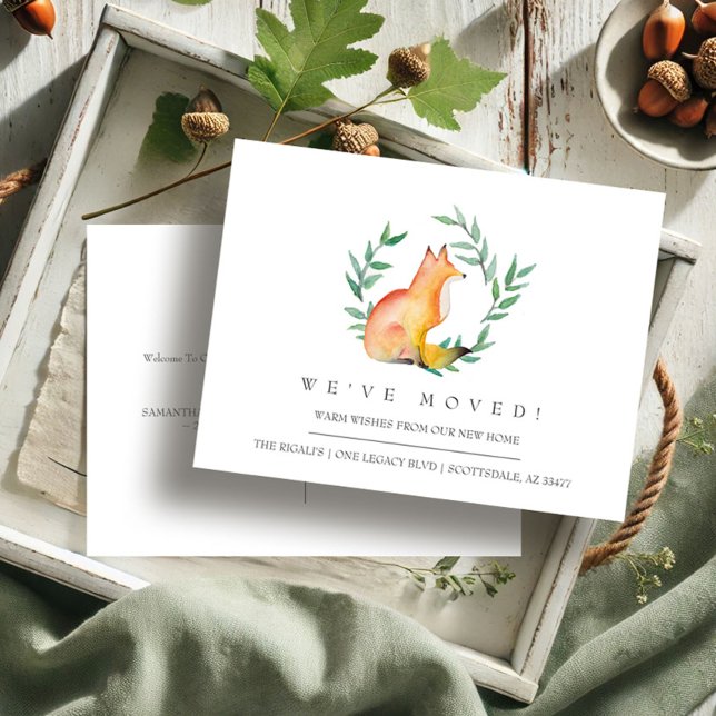Watercolor Fox New Home Moving Announcement Postcard (Moving announcements watercolor fox and greenery art by Victoria Grigaliunas of VG Invites)
