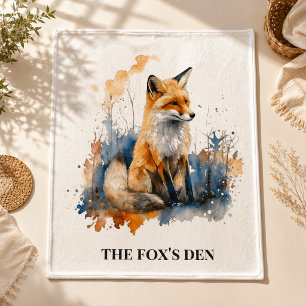 Watercolor Fox Northwoods Cabin Personalised Den Fleece Blanket