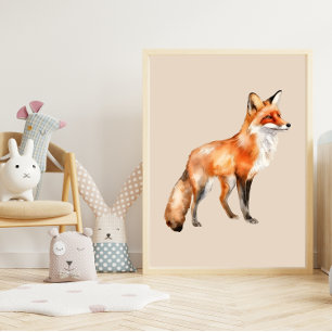 watercolor fox on beige poster