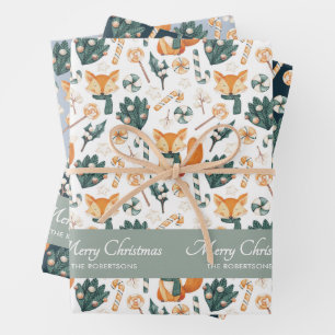 Watercolor Fox Pattern Merry Christmas Monogram Wrapping Paper Sheet