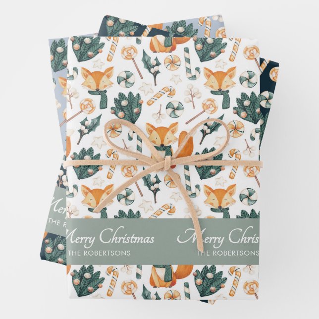 Watercolor Fox Pattern Merry Christmas Monogram Wrapping Paper Sheet (In situ)