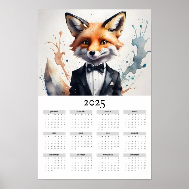 Watercolor Fox Wearing a Tuxedo 2025 Wall Calendar Poster (Front)
