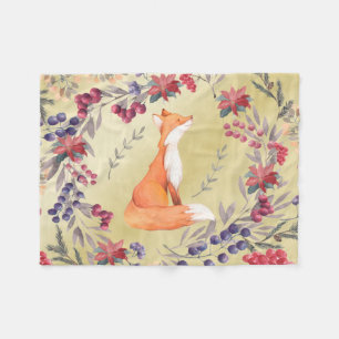 Watercolor Fox Winter Berries Gold Fleece Blanket