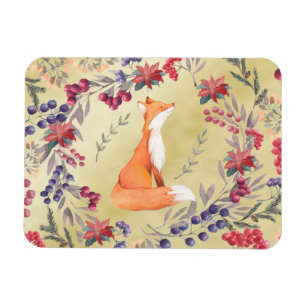 Watercolor Fox Winter Berries Gold Magnet