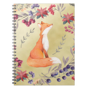 Watercolor Fox Winter Berries Gold Notebook