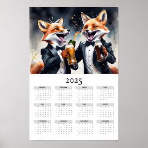 Watercolor Foxes Cheers Tuxedo 2025 Wall Calendar Poster
