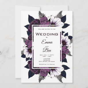 Watercolor Framed Dark Purple Floral Wedding Invit Invitation