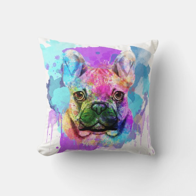 Watercolor French Bulldog, French Bulldog Cushion (Front)
