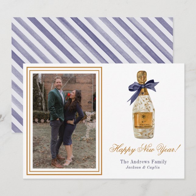 Watercolor French Champagne New Year Photo Holiday Card (Front/Back)