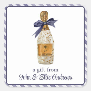Watercolor French Champagne with a Navy Bow Gift Square Sticker