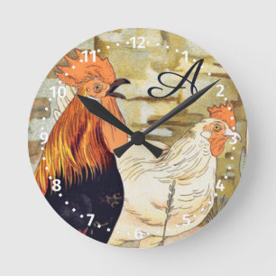 Watercolor French Country Colourful Rooster Round Clock