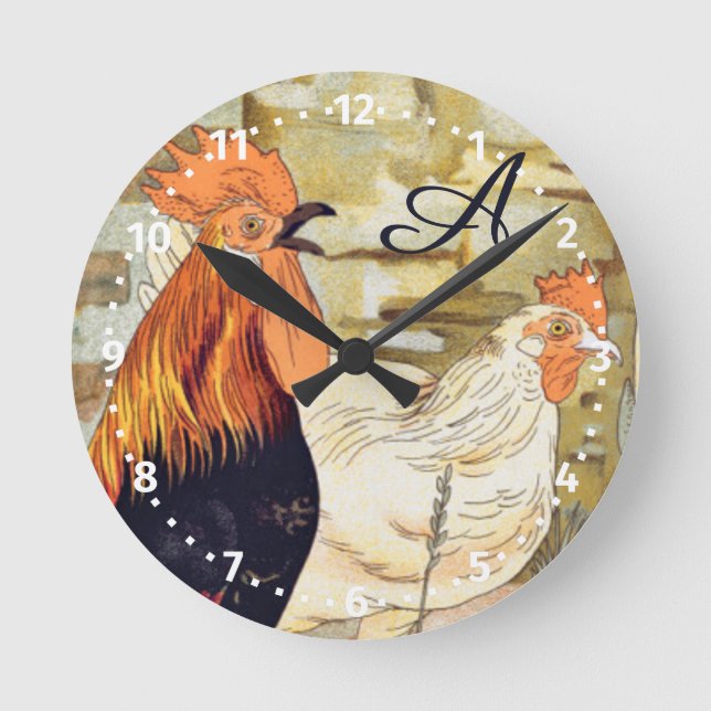 Watercolor French Country Colourful Rooster Round  Round Clock (Front)