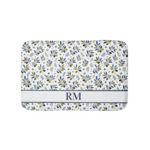 Watercolor French Country Olive Pattern Monogram Bath Mat