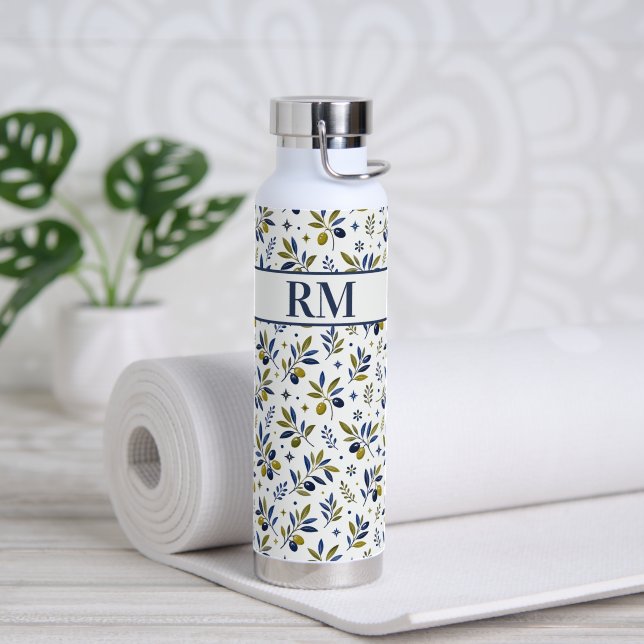 Watercolor French Country Olive Pattern Monogram Water Bottle (Yoga (Rotated))
