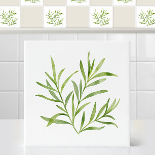 Watercolor French Tarragon Botanical Leaf Branch Ceramic Tile