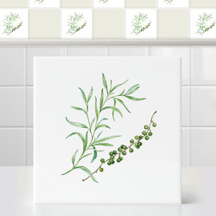 Watercolor French Tarragon Green Peppercorn Sprig Ceramic Tile