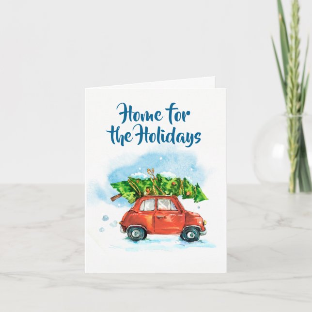 Watercolor Fresh cut Christmas tree, red car, Holiday Card (Front)