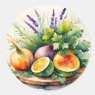 Watercolor Fresh Herbs Citrus Arrangement Classic Round Sticker