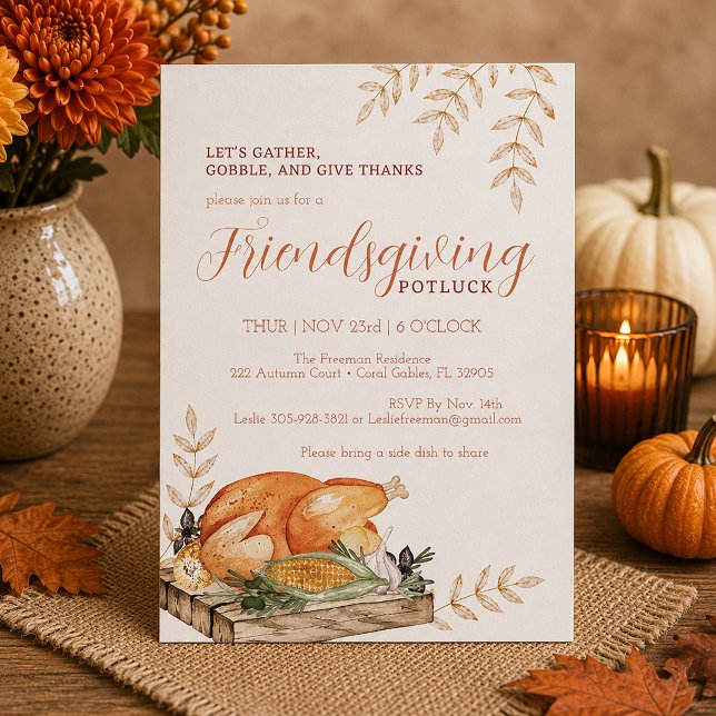 Watercolor Friendsgiving Potluck Invitation (Thanksgiving invitation with autumn decor)