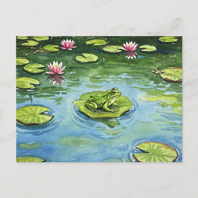 Watercolor Frog Pond Scene Postcard Postcrossing (Front)